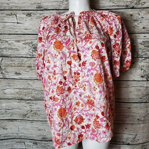Knox Rose Top Women's XXL Floral Multicolor Print Tie Front Peasant Smocked NWT